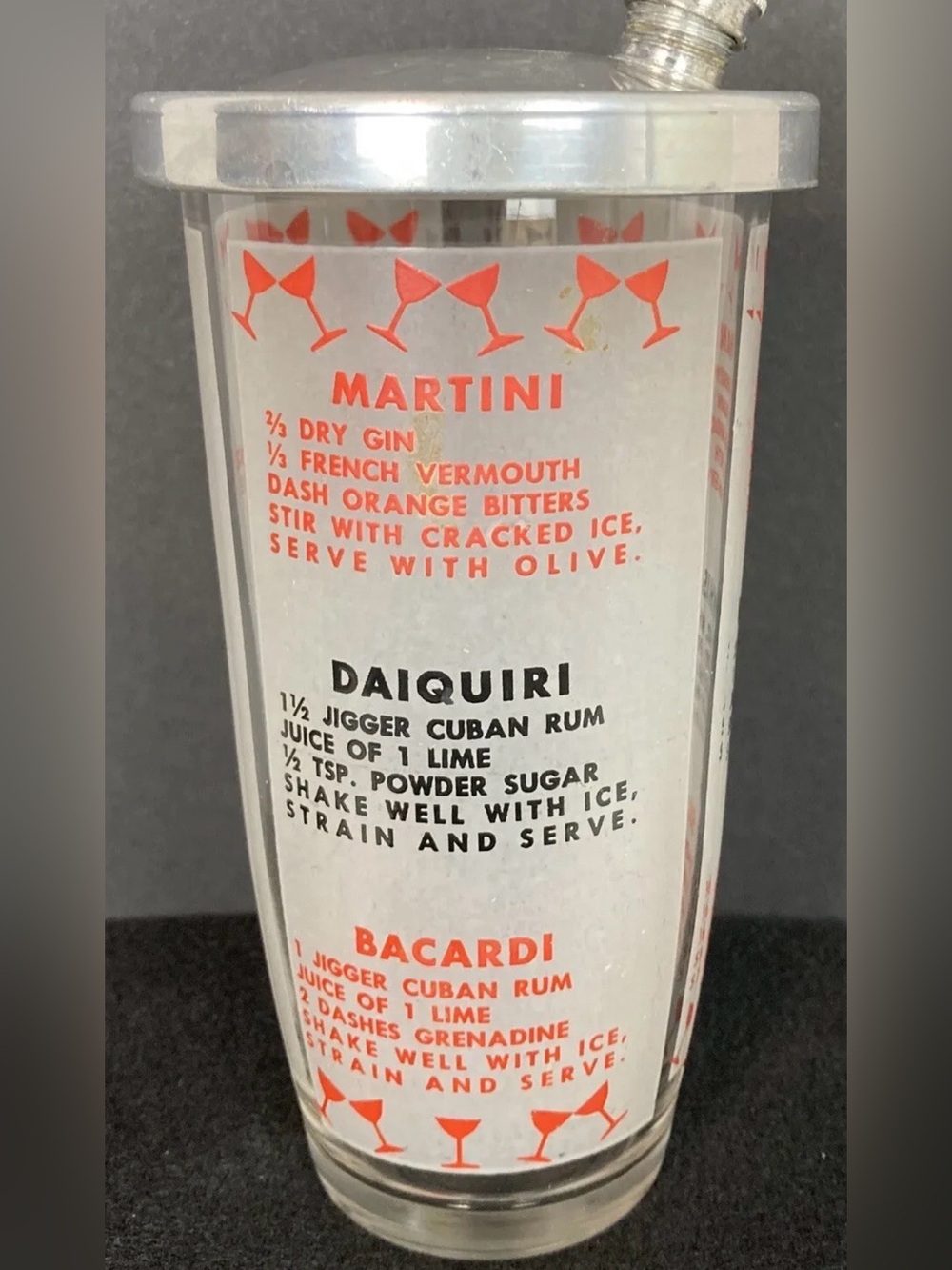 Vintage Glass Mid Century Martini Cocktail Lidded Shaker with Drink Recipes